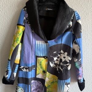 💜 Blue and Black Artistic Print Jacket with Fleece Collar